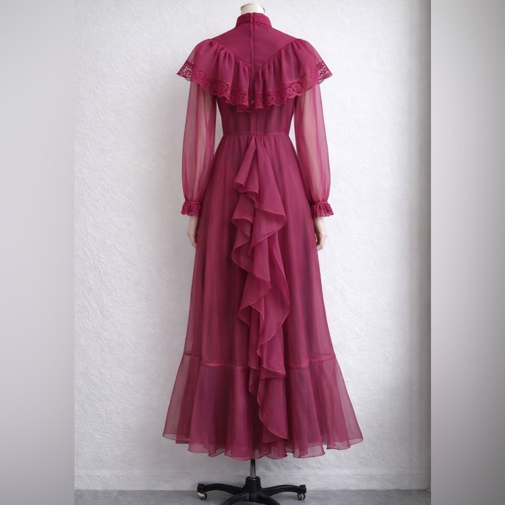Vintage 1970s Magenta Chiffon Long Sleeve Victorian Maxi Dress XS Prairie - Picture 13 of 13